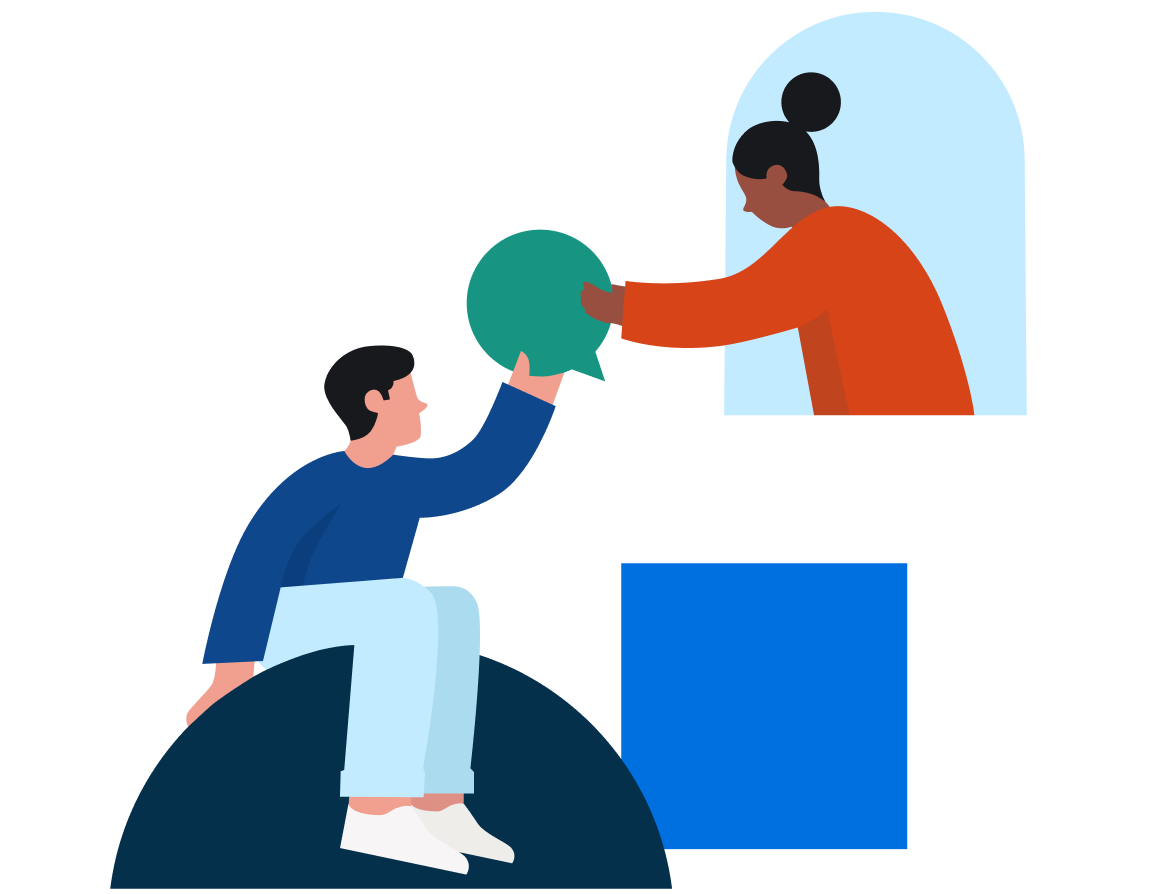 People handing a speech bubble to each other.