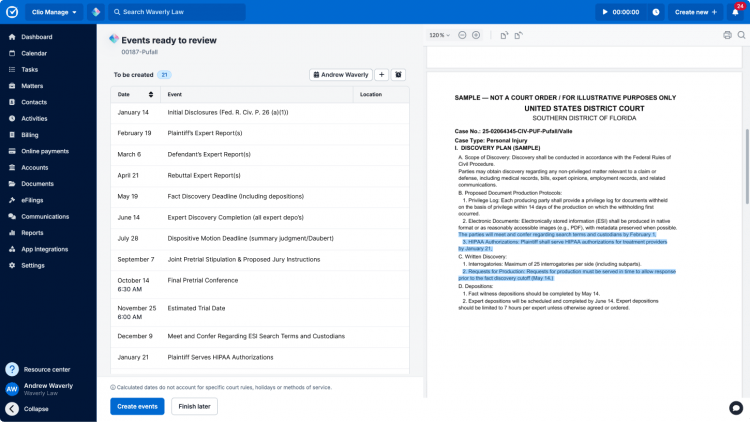 screenshot of deadlines extraction in Manage AI