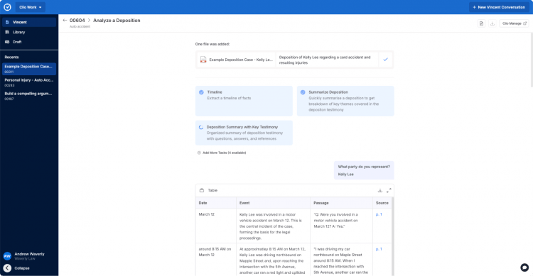screenshot of document analysis in Clio Work