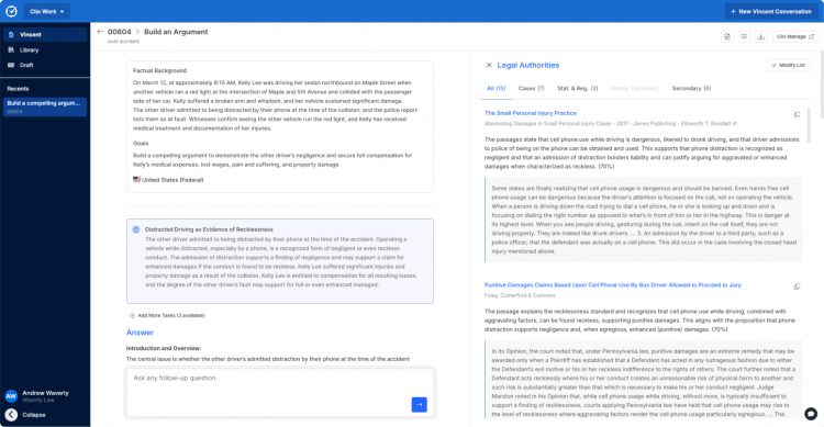 screenshot of building an argument in Clio Work