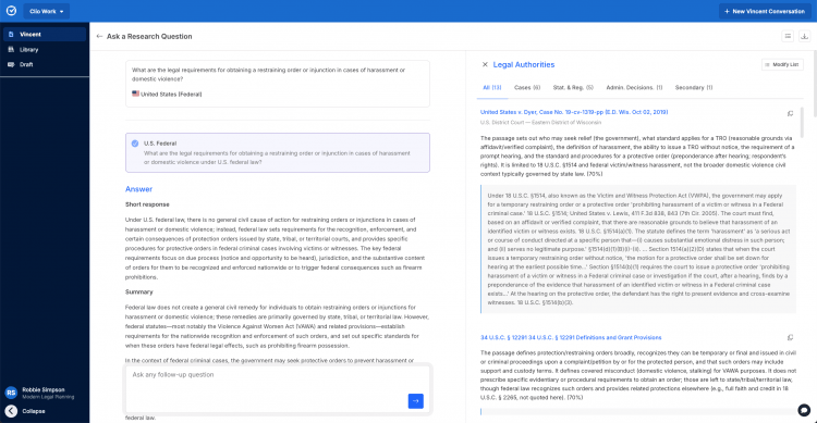 screenshot of legal research in Clio Work