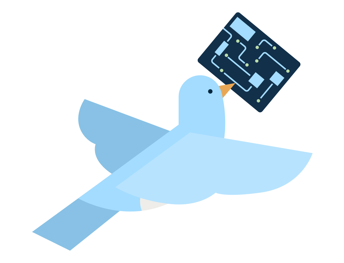 Icon of a bird with a computer chip.