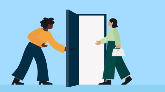 Client intake: An illustration showing a woman opening a door and inviting a client in
