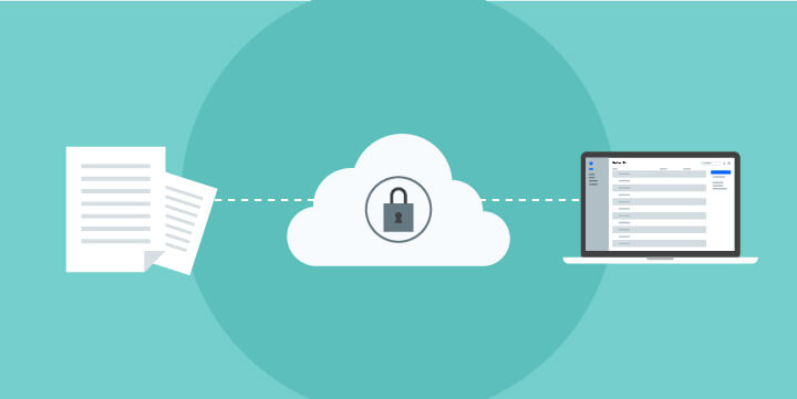An illustration of files linking to a cloud with a lock symbol, which links to a laptop. The image indicates data security in the cloud.