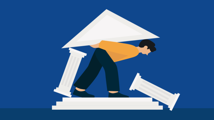 An image indicating the effects of poor mental health in the legal professional: An individual is seen, bent over and struggling, while trying to hold up the roof of a court room on their back. The Roman columns traditionally seen on court house that would usually hold the roof up have collapsed, with one leaning one and one fully on its side.