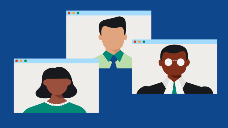 An image depicting the online lawyer: it shows three video call screens with a person of a different gender and ethnicity in each