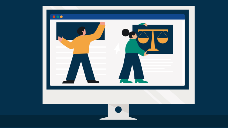Illustration highlighting how to create a law firm website. A cartoon image of a man and woman appears as if on a computer monitor. The woman is holding a picture of the scales of justice.
