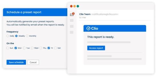Simple product image showing how you can schedule reports with Clio