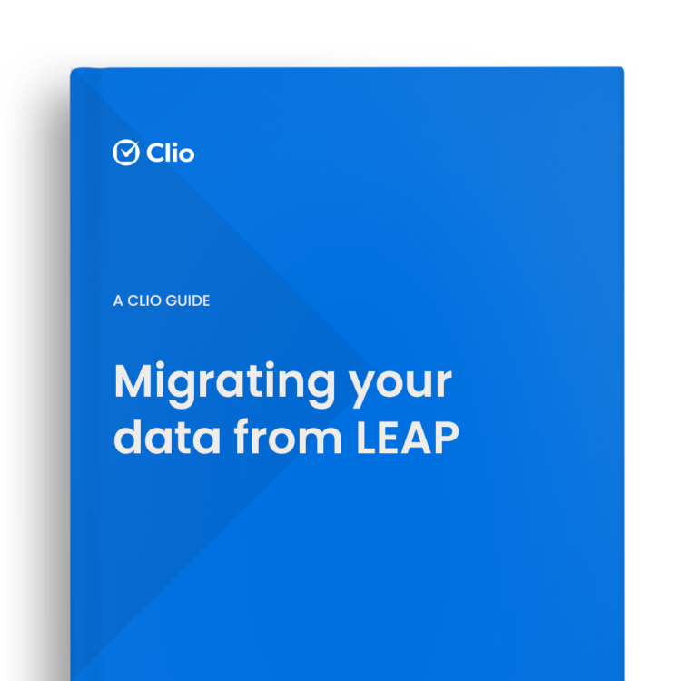A blue guide cover that reads: A Clio guide; Migrating your data from LEAP
