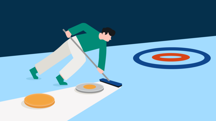 A man curling with two coins towards a bullseye