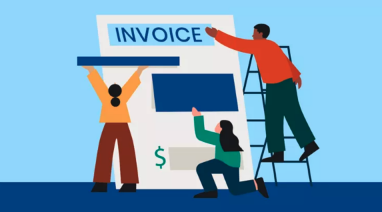 Three people assembling a large law firm invoice