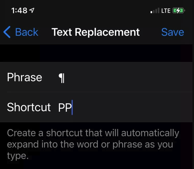 Phone screen shot of the creation of a text replacement shortcut for typographic symbols
