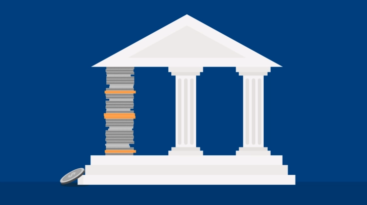 Illustration of a court house building, with one pillar propped up with coins, illustrating the importance of law firm economics