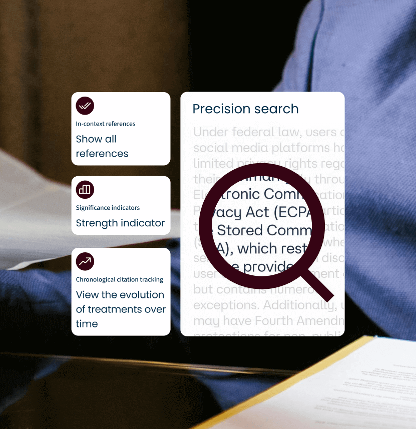 A screen displays a search user interface. A sidebar lists features with icons: 