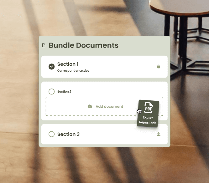 A "Bundle Documents" user interface. The first section has a document named Correspondence.doc. A user is shown dragging and dropping a PDF file named Expert Report.pdf into the second section. The third section is empty.