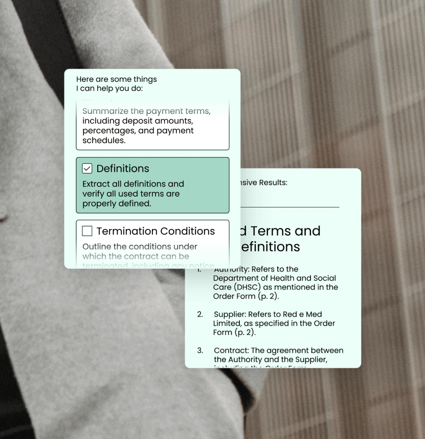 A screen displays a user interface. The first card is titled 