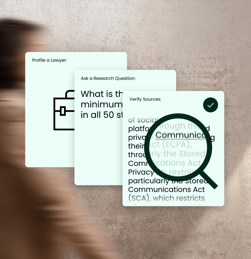 Three overlapping user interface cards are shown. The first has a briefcase icon and the title 