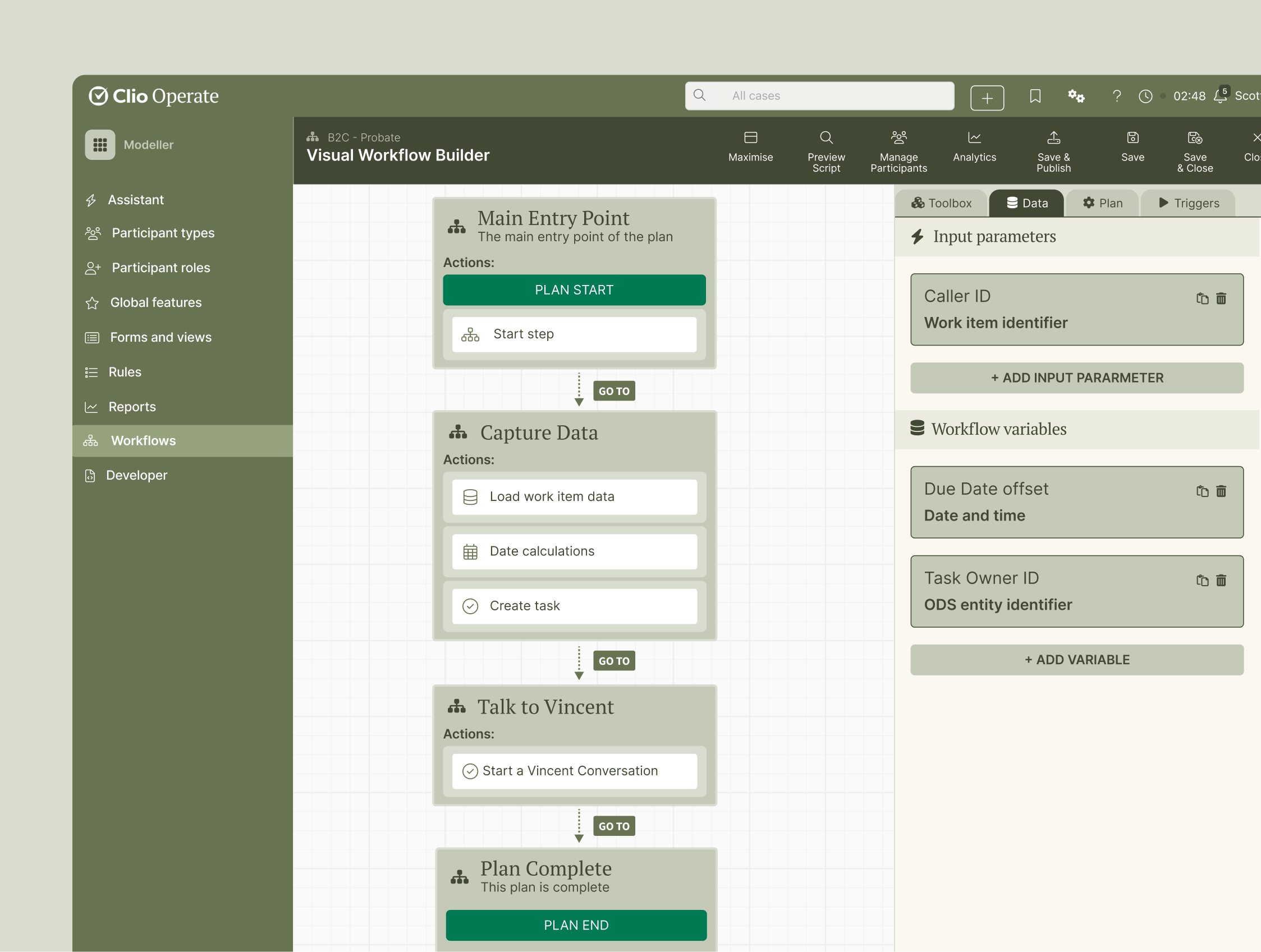 Clio Operate Vincent Workflow Builder Data