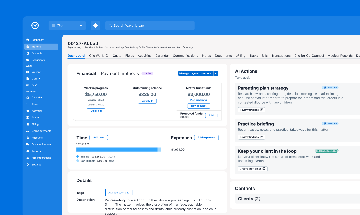 Clio Manage matters, billing, and deadlines