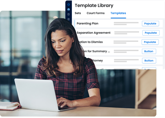 Woman uses a laptop with a screen overlay showing the Clio Draft Template Library menu open to Templates.