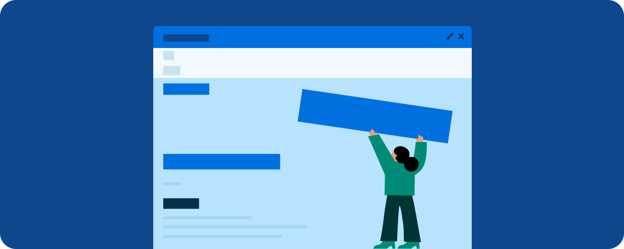 An illustration of a person holding a large blue rectangular block over a document within a web browser window, representing template customization.