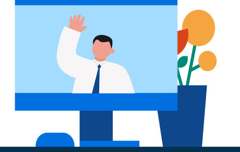 Illustration of a man in a shirt and tie waving from a blue computer screen next to a flowerpot