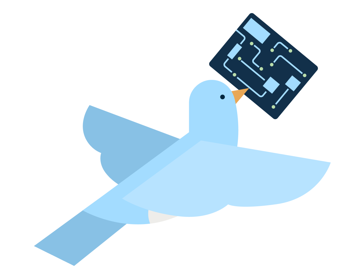 Bird flying away with a circuit board in its beak.