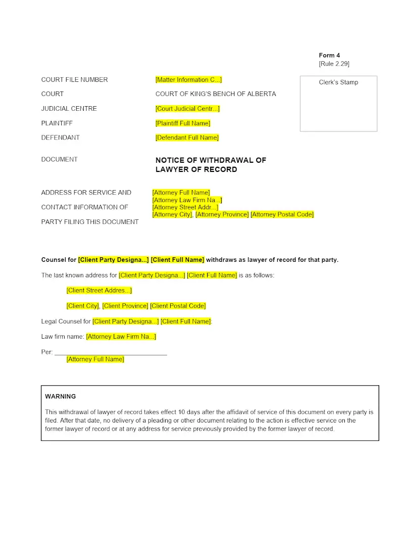Notice of Withdrawal of Lawyer of Record (Form 4)