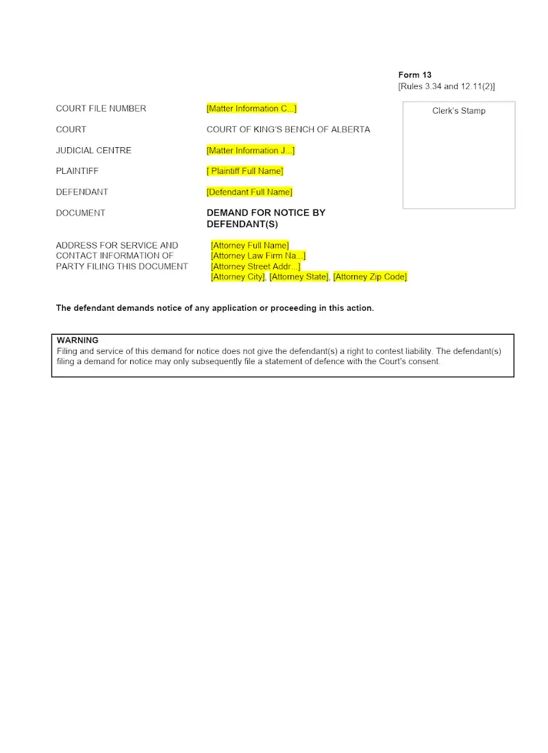 Demand for Notice by Defendant (Form 13)