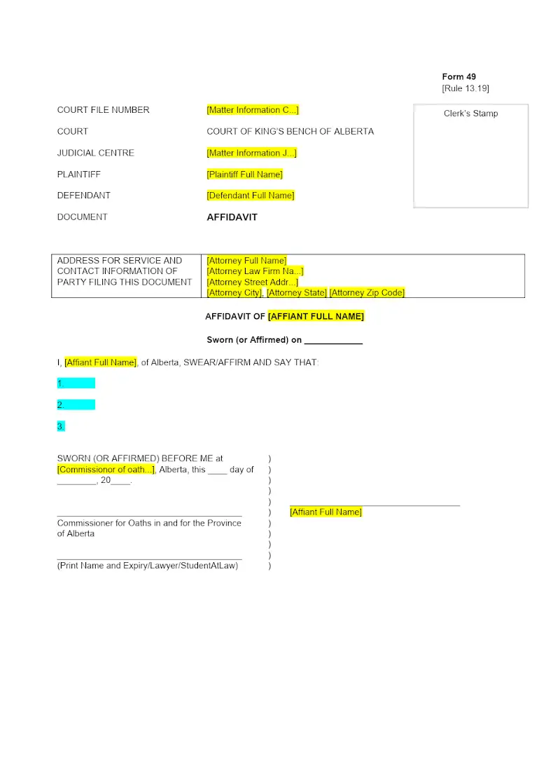 Generic Affidavit (Form 49)