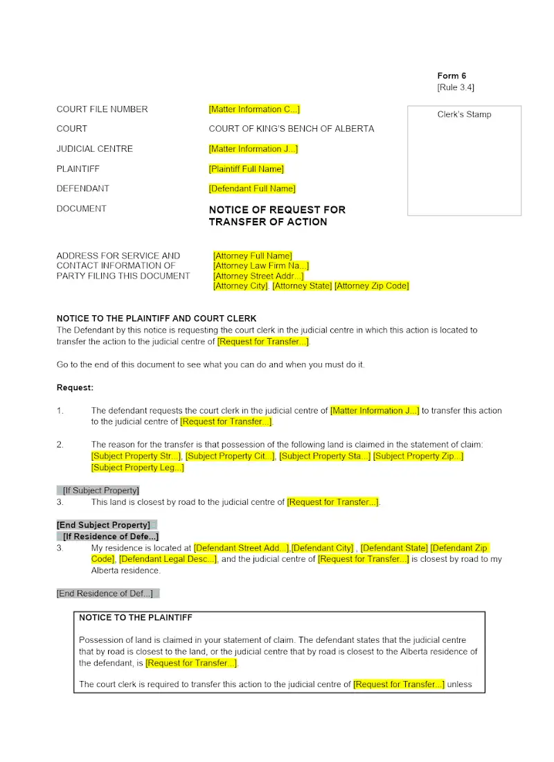 Notice of Request for Transfer of Action (Form 6)