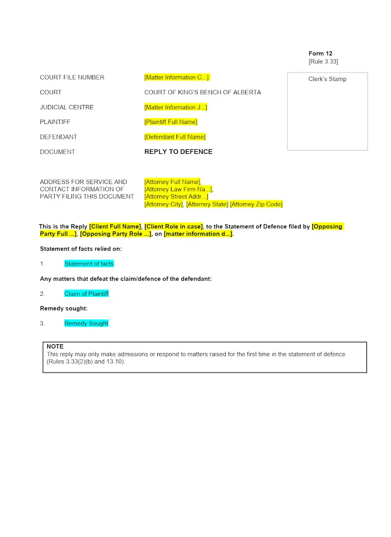 Reply to Defence (Form 12)
