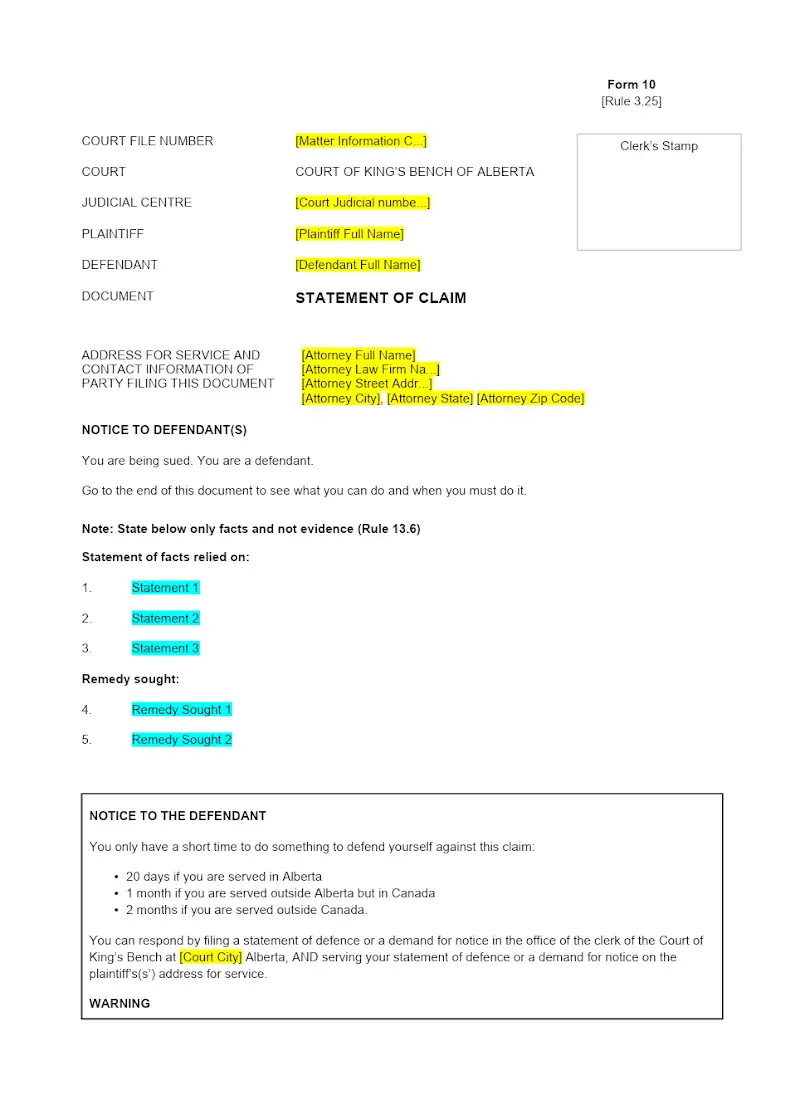 Statement of Claim (Form 10)