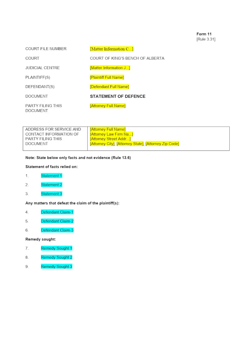 Statement of Defence (Form 11)