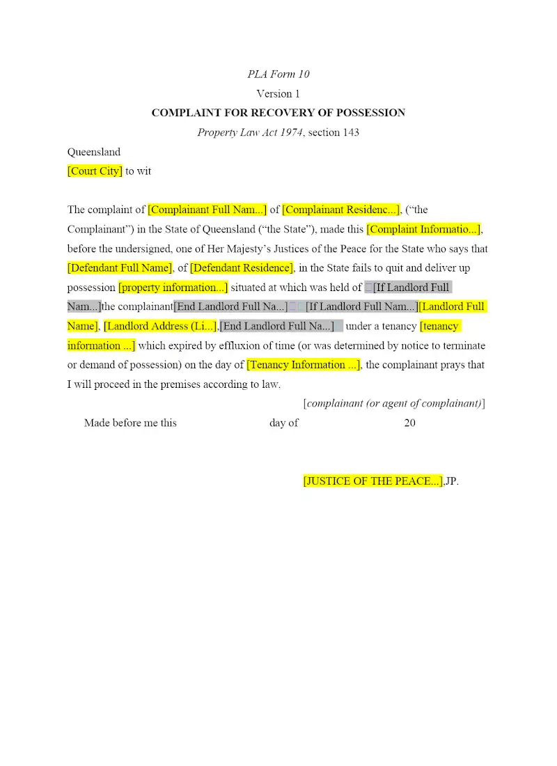 Complaint for Recovery of Possession