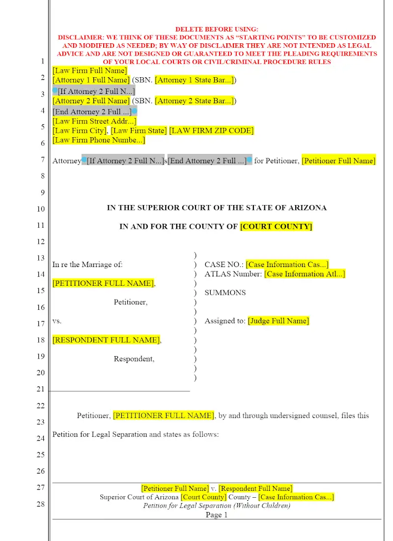 Petition for Legal Separation without Children