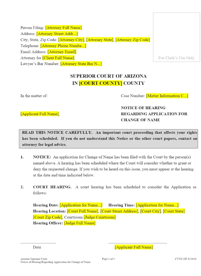 Notice of Hearing Regarding Application for Change of Name (Form CVNC18F)