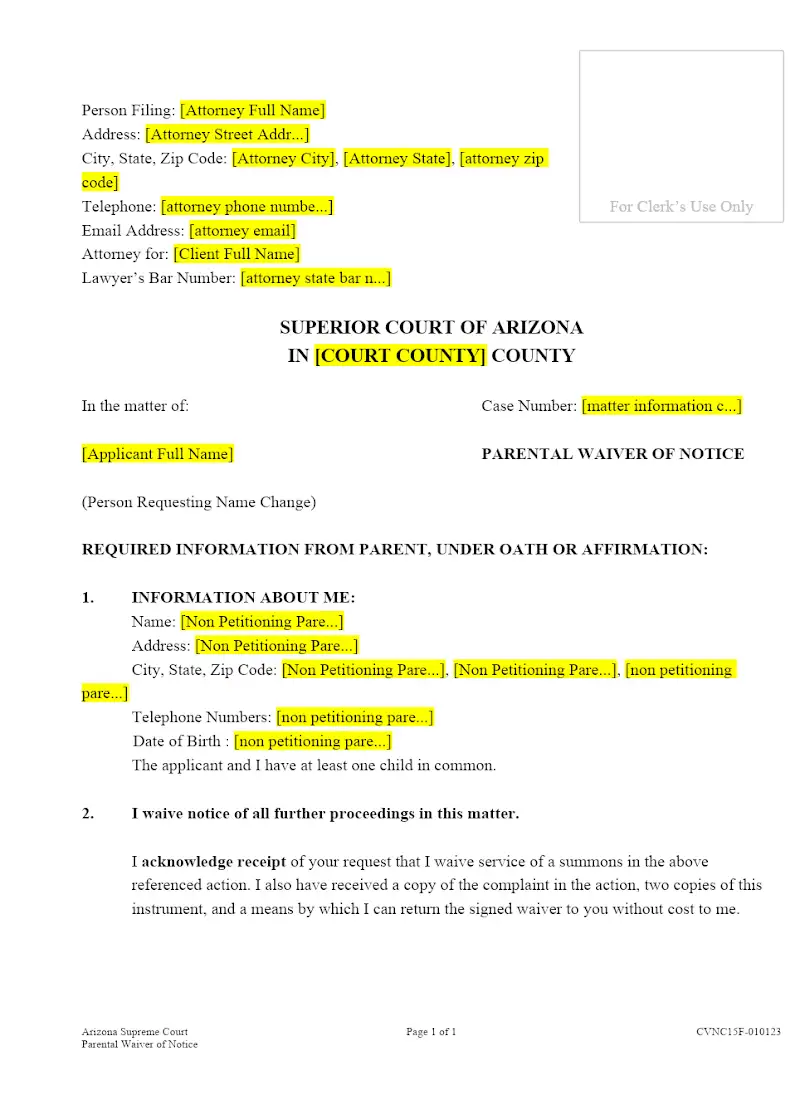 Parental Waiver of Notice (Form CVNC15F)