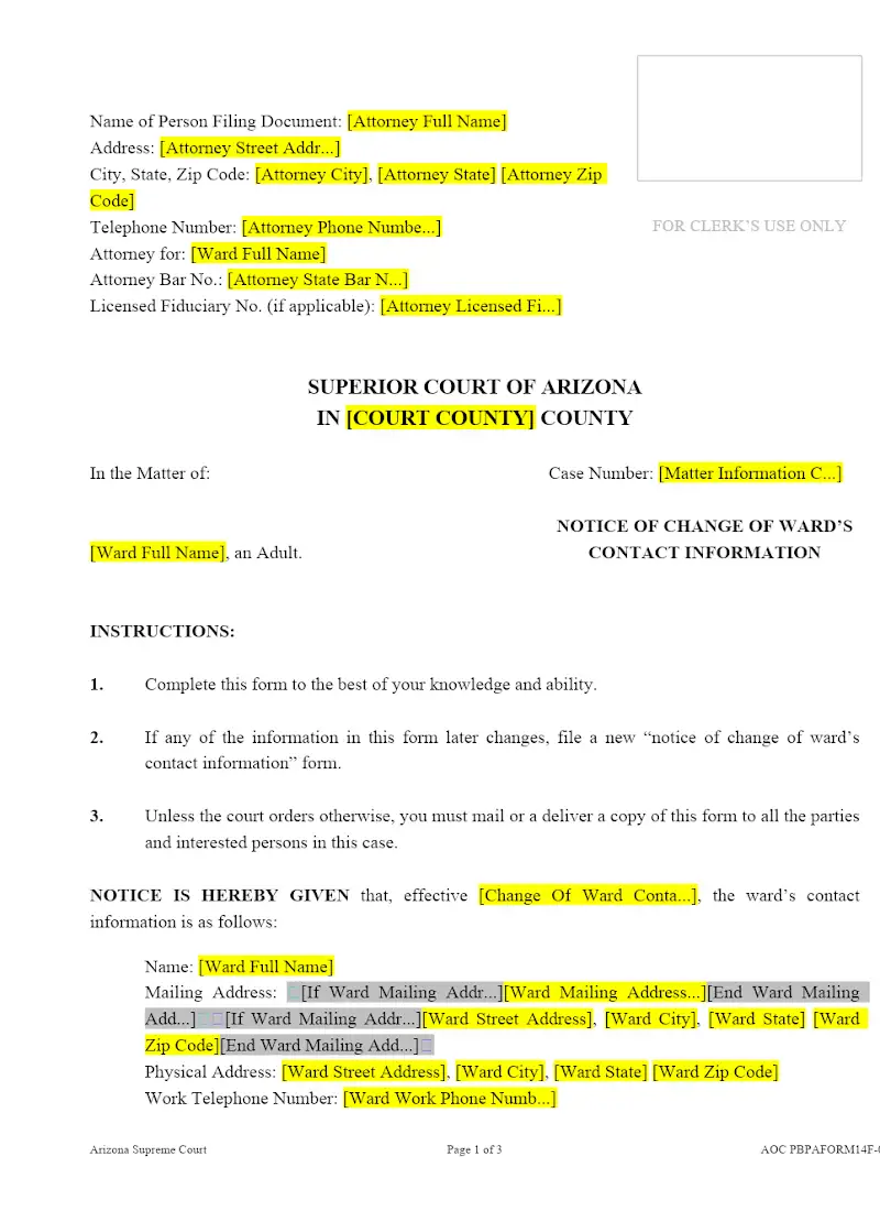 Notice of Change of Ward's Contact Info (Form 14F)