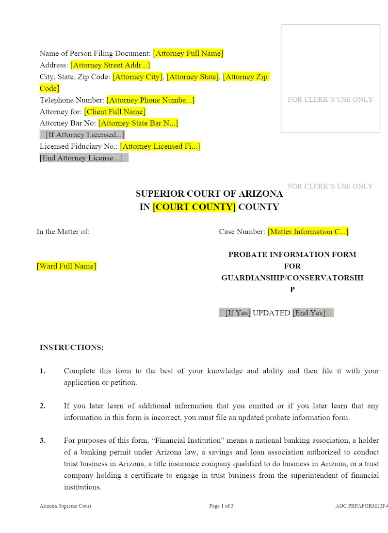 Probate Information Form for Guardianship-Conservatorship (Form 12)