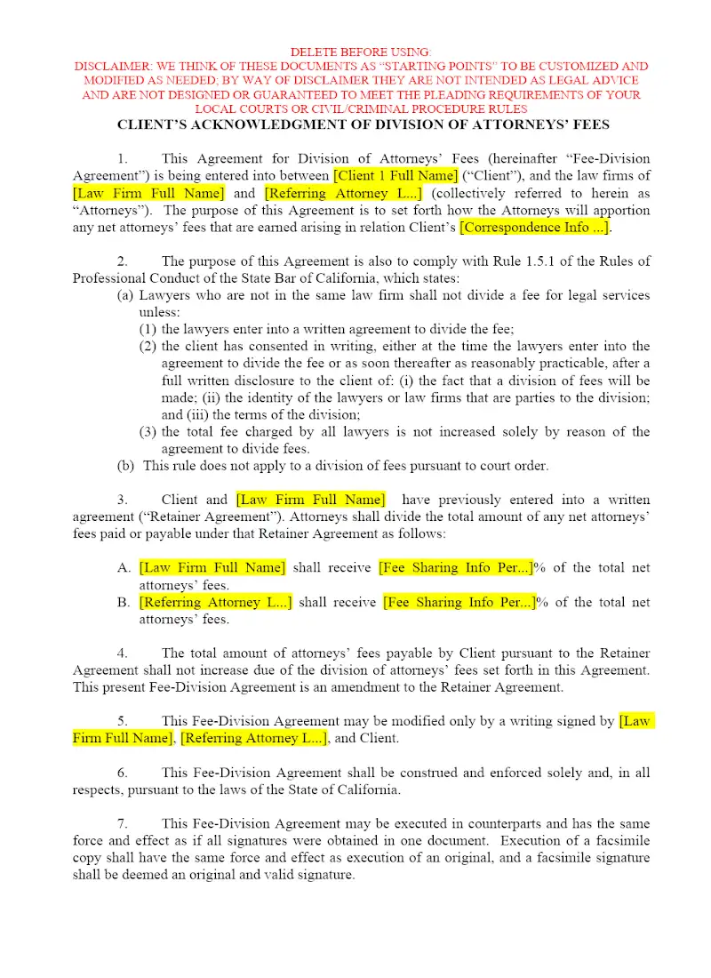 Acknowledgement of Division of Attorney Fees