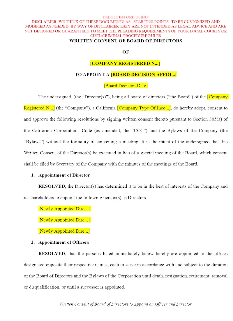 Written Consent of Board of Directors to Appoint an Officer and Director