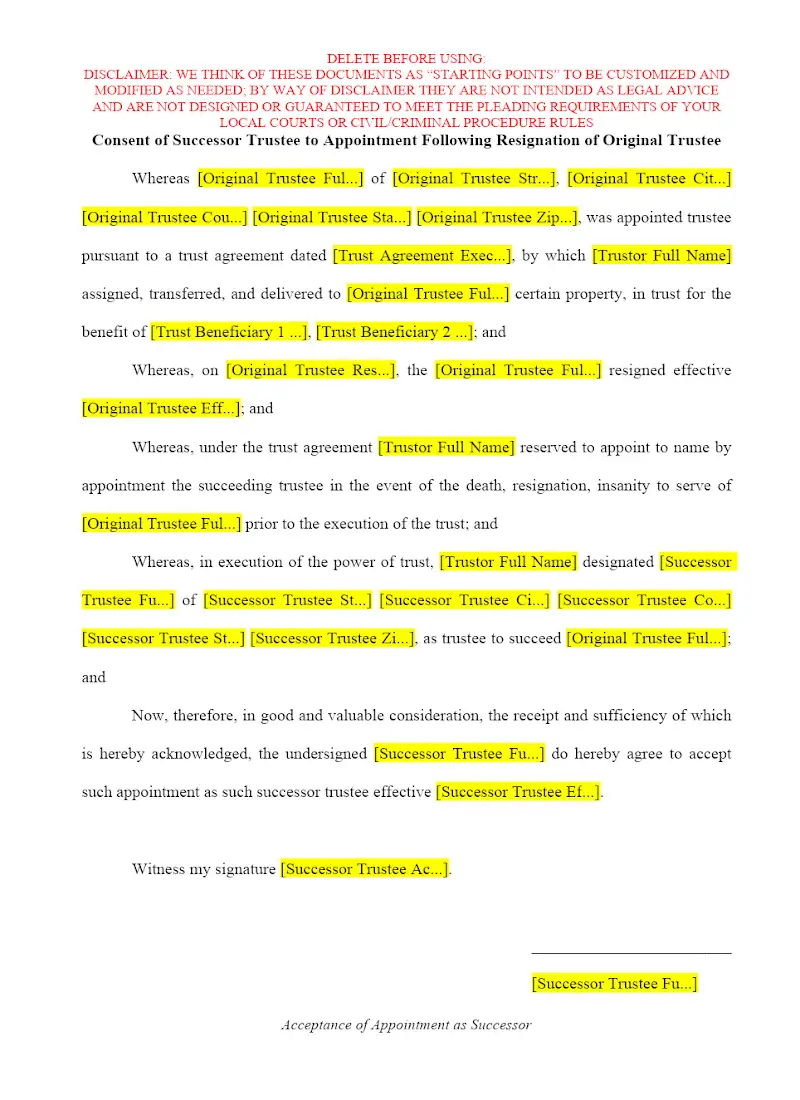 Acceptance of Appointment as Successor