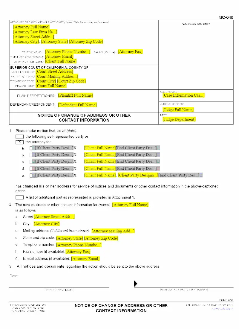 Notice of Change of Address (MC-040)