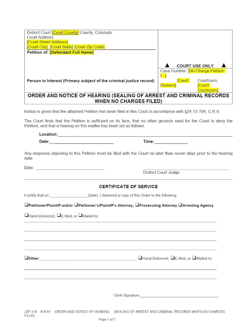 Order and Notice of Hearing - sealing records (JDF 419)