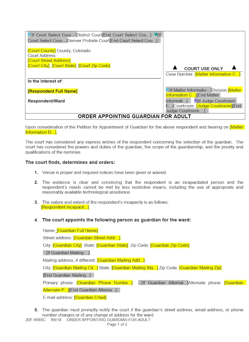 Order Appointing Guardian for Adult (JDF 848SC)
