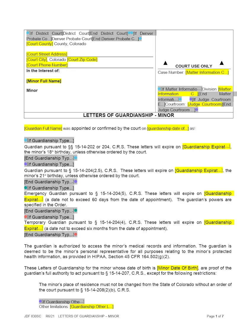 Letters of Guardianship, Minor (JDF 830SC)