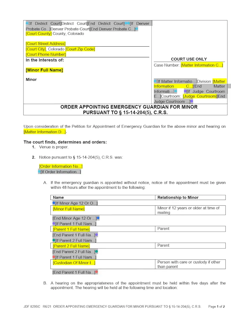 Order Appointing Emergency Guardian, Minor (JDF 829SC)