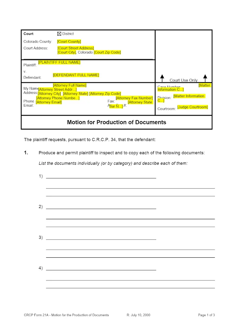 Motion for Production of Documents (CRCP Form 21A)