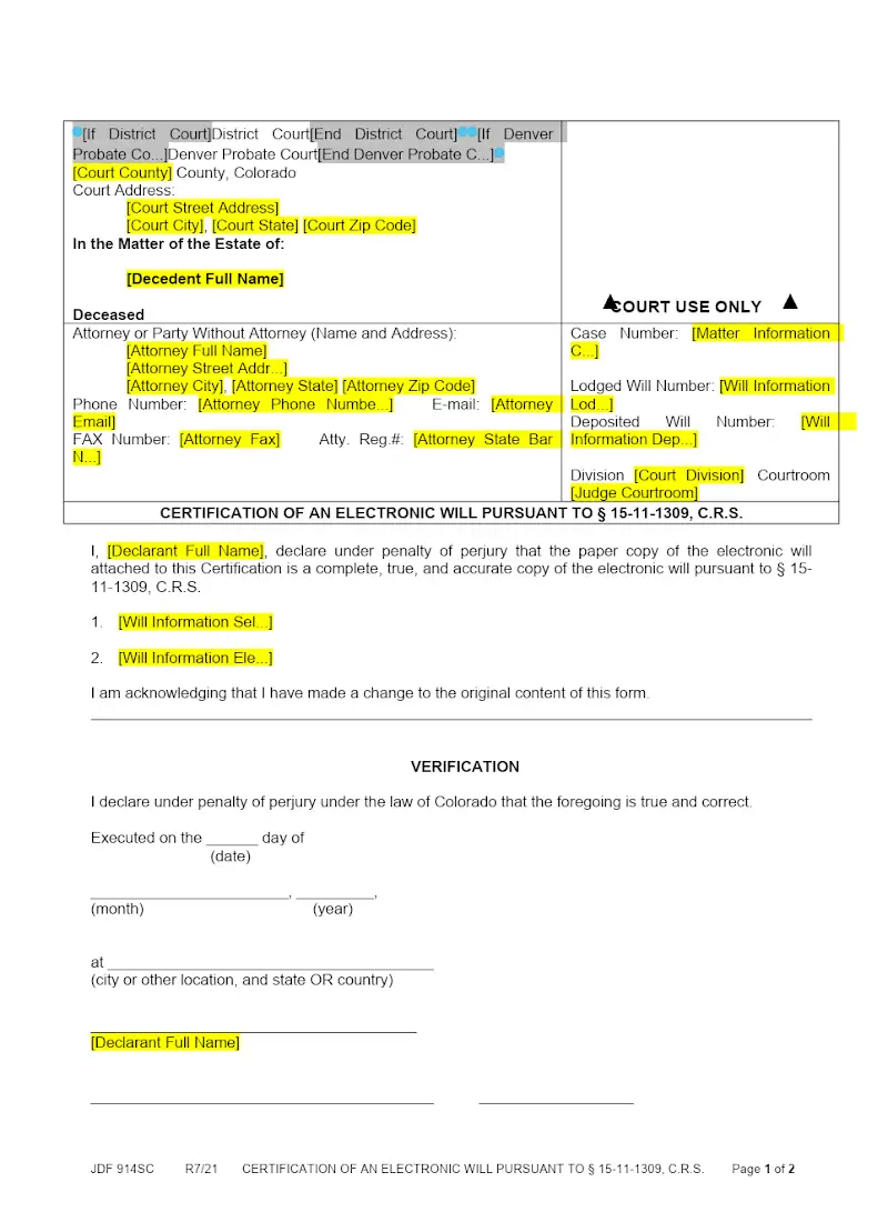 Certification of Electronic Will (JDF 914)